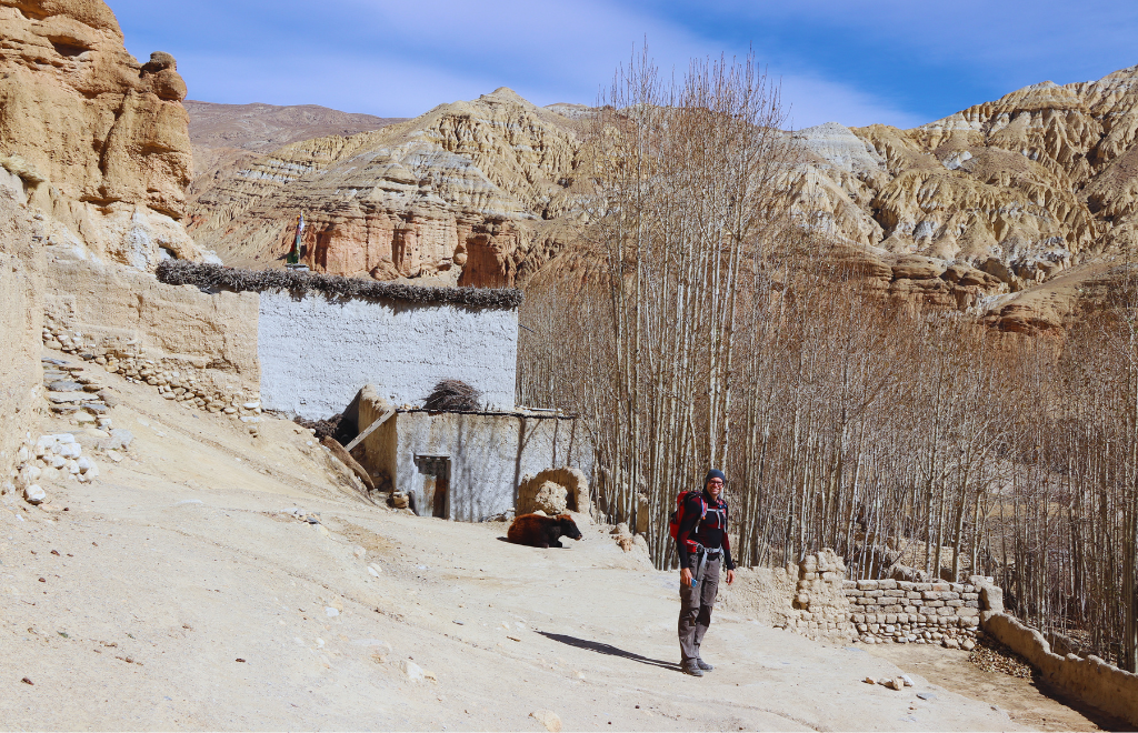 Travelers visiting in Upper Mustang