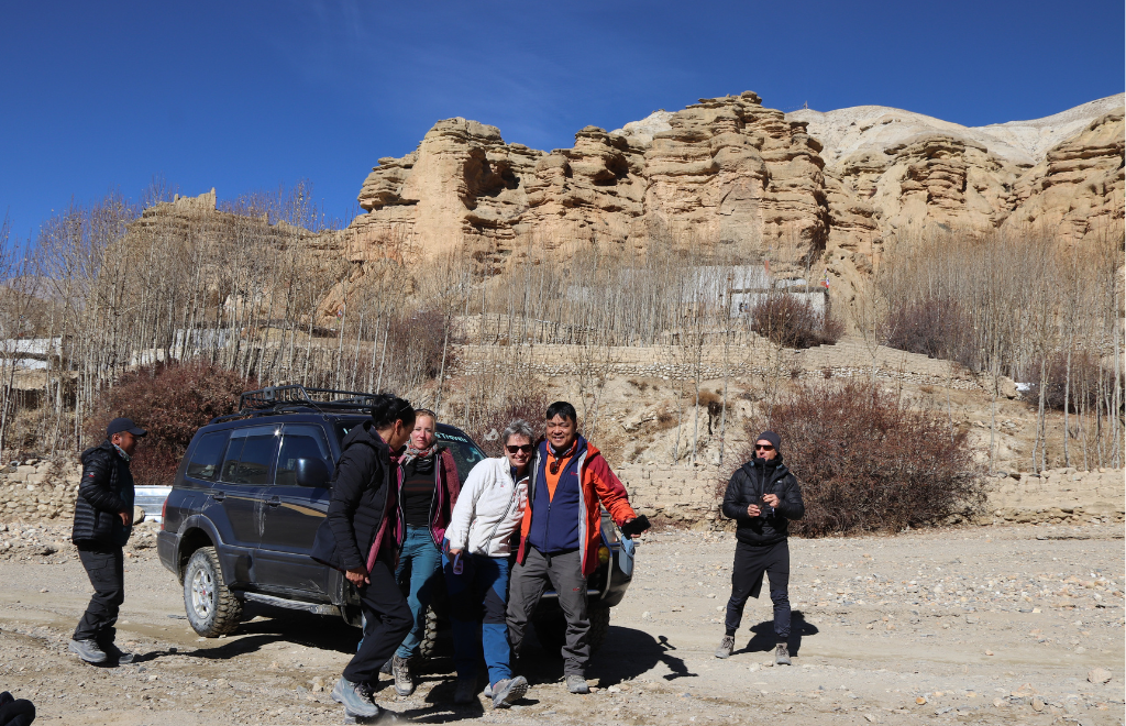 Jeep convoy traveling from Kagbeni to Tsarang village in Upper Mustang