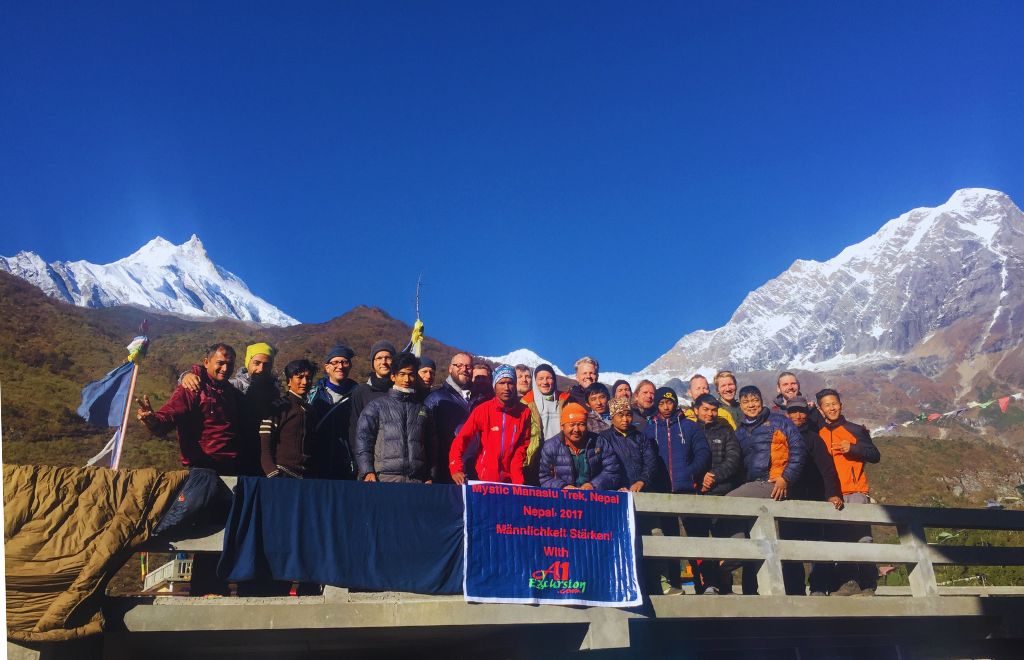 Trekkers with the guides from a1 excursion in Manaslu Circuit Trek
