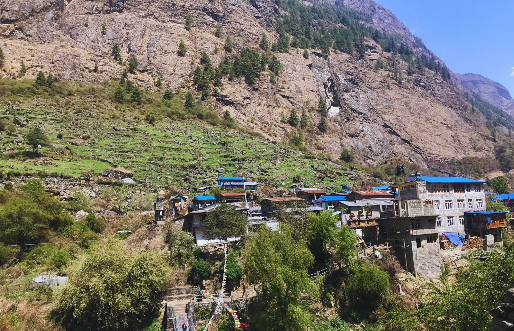  village in the Manaslu Circuit trek in spring