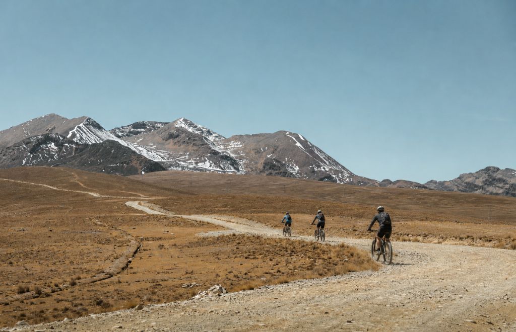 Mountain bikers riding across the rugged, dry terrain of Upper Mustang with snow-covered Himalayan peaks in the background.